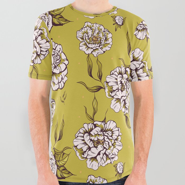 Yellow Vintage Garden Flower Power Floral Pattern All Over Graphic Tee