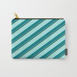 [ Thumbnail: Turquoise, Teal, Cornflower Blue & Dark Green Colored Lined Pattern Carry-All Pouch ]