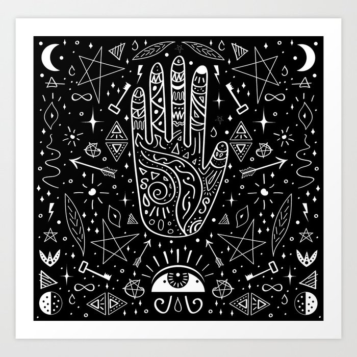 Black background occult pattern with mystical chalk signs Art Print