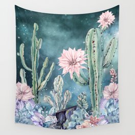 Desert Cactus Succulents + Gemstones on Teal Night Sky Wall Tapestry