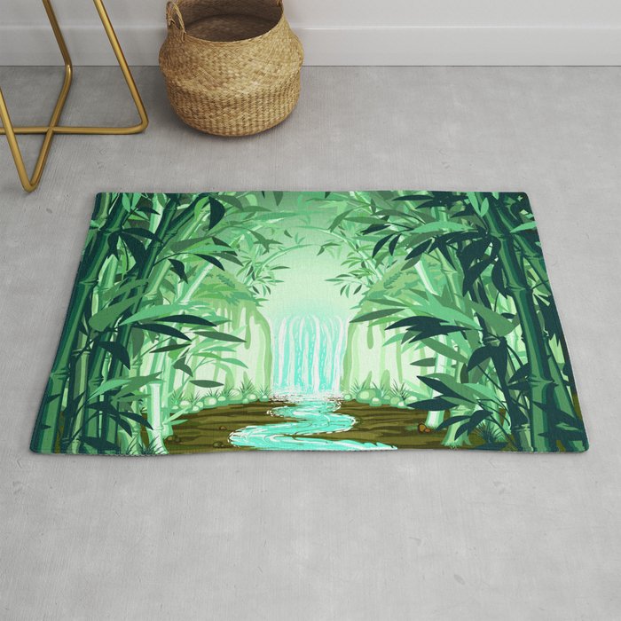 Fluorescent Waterfall on Surreal Bamboo Forest Rug