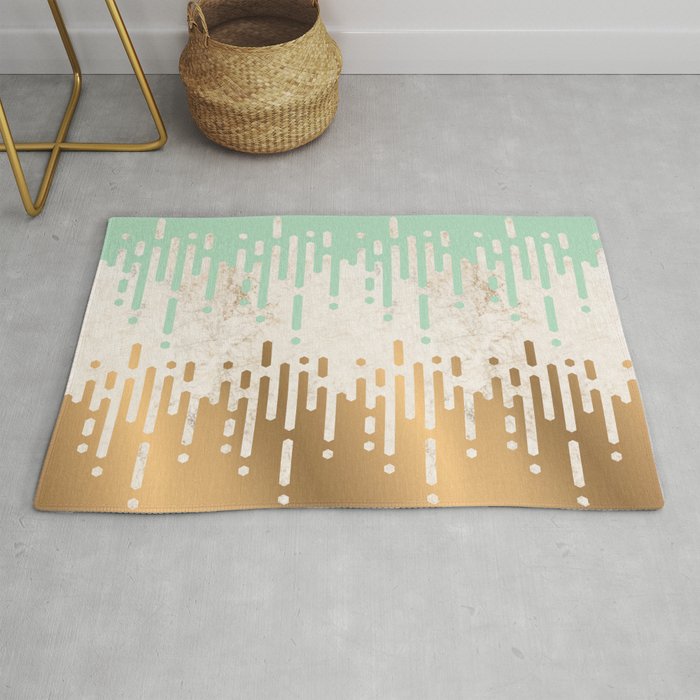 Marble and Geometric Diamond Drips, in Gold and Mint Rug