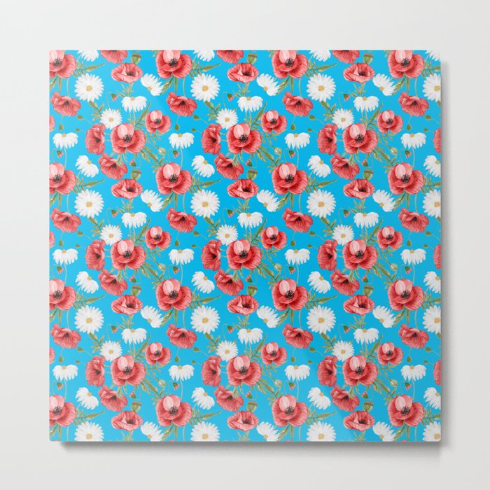 Daisy and Poppy Seamless Pattern on Turquoise Background Metal Print