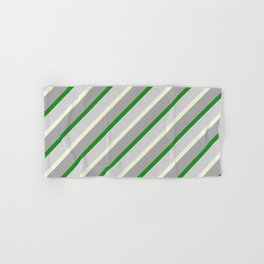 [ Thumbnail: Forest Green, Light Gray, Beige, and Dark Gray Colored Lined/Striped Pattern Hand & Bath Towel ]