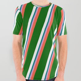 [ Thumbnail: Vibrant Red, Dark Green, White, Teal & Plum Colored Striped Pattern All Over Graphic Tee ]