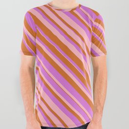 [ Thumbnail: Chocolate, Orchid & Light Pink Colored Lined/Striped Pattern All Over Graphic Tee ]