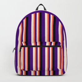 [ Thumbnail: Red, Beige, Indigo, and Black Colored Stripes Pattern Backpack ]