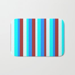 [ Thumbnail: Blue, Brown, Light Cyan & Cyan Colored Lined Pattern Bath Mat ]