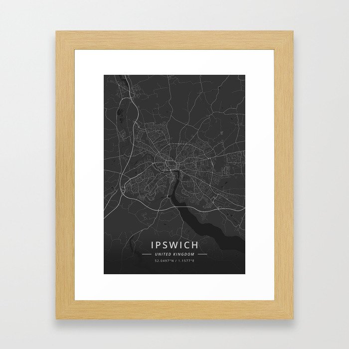 Ipswich, United Kingdom - Dark Map Framed Art Print