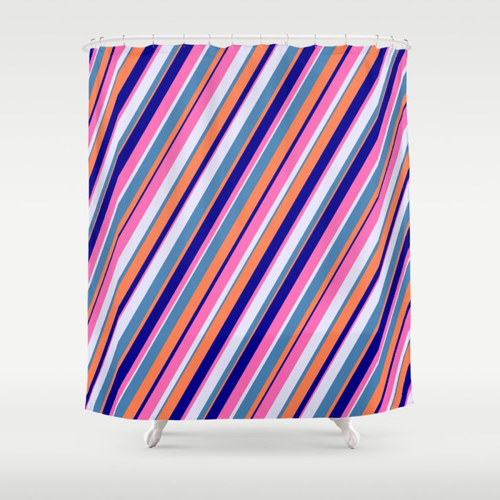 Colorful Lavender, Blue, Coral, Dark Blue, and Hot Pink Colored Lines/Stripes Pattern Shower Curtain