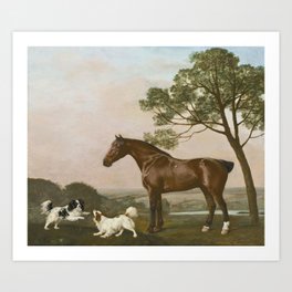  bay hunter horse with two playful spaniels by George Stubbs Art Print