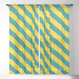[ Thumbnail: Teal and Yellow Colored Lined/Striped Pattern Sheer Curtain ]
