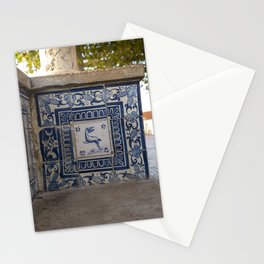 Blue azulejos on a bench in Alfama, Lisbon, Portugal - summer street and travel photography Stationery Card
