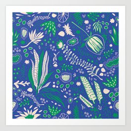 Green and Blue Floral Pattern / Dark Background Art Print