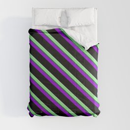 [ Thumbnail: Colorful Light Green, Dark Slate Gray, Dark Violet, Black, and Light Cyan Colored Stripes Pattern Comforter ]