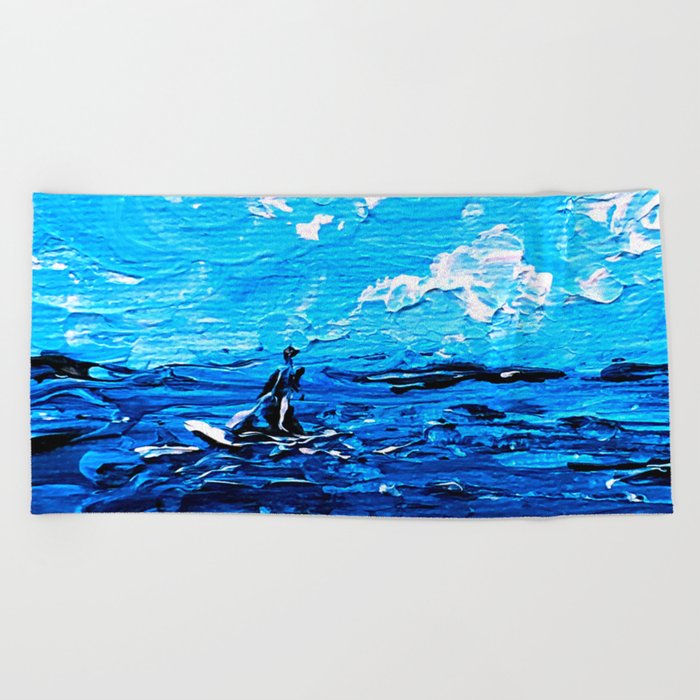 Boat On Rough Sea Palette Knife Painting Beach Towel By