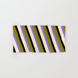 [ Thumbnail: Green, Purple, Beige, and Black Colored Stripes/Lines Pattern Hand & Bath Towel ]