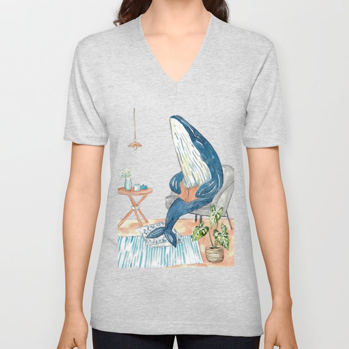 Humpback whale reading book watercolor painting V Neck T Shirt