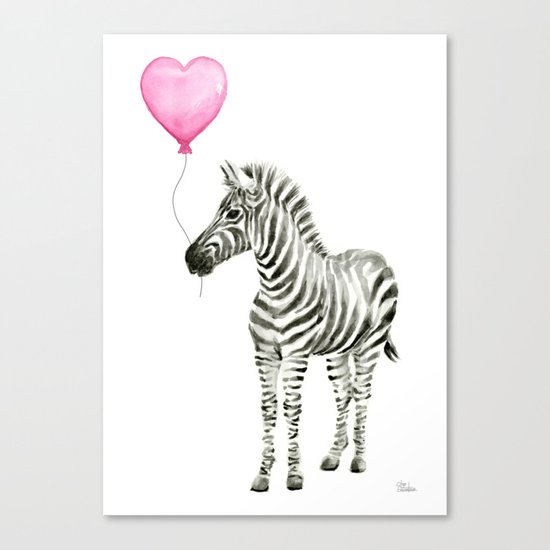 Zebra with Balloon Animal Watercolor Whimsical Animals Canvas Print