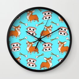 Cute cuddly funny baby corgi dogs, happy cheerful sushi with shrimp on top, rice balls and chopsticks pretty light pastel baby blue pattern design. Wall Clock