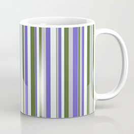 [ Thumbnail: Grey, Slate Blue, Mint Cream & Dark Olive Green Colored Stripes/Lines Pattern Coffee Mug ]
