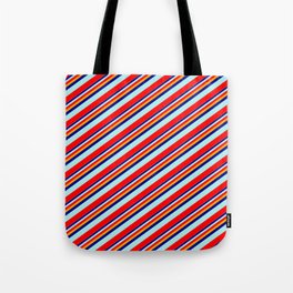 [ Thumbnail: Orange, Dark Blue, Turquoise, and Red Colored Stripes Pattern Tote Bag ]