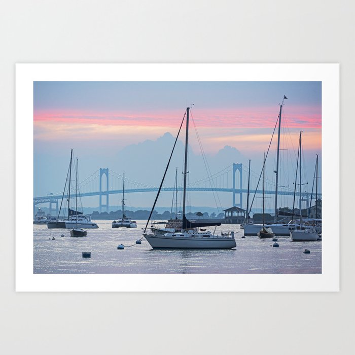 Pell Bridge Newport Harbor Newport RI Rhode Island Purple Sunset Art Print