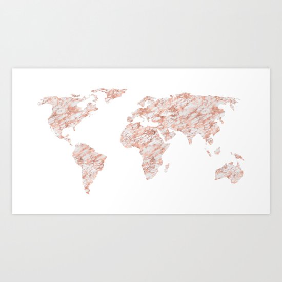 World Map Rose Gold Marble Art Print