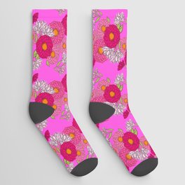 Mid-Century Modern Mums Floral Wallpaper Hot Pink Socks