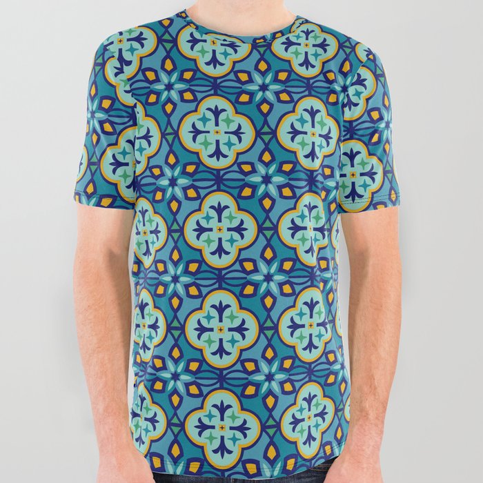 Moroccan Tiles in Blue Hues All Over Graphic Tee