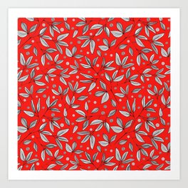 Floral Branches Gray White on red Art Print