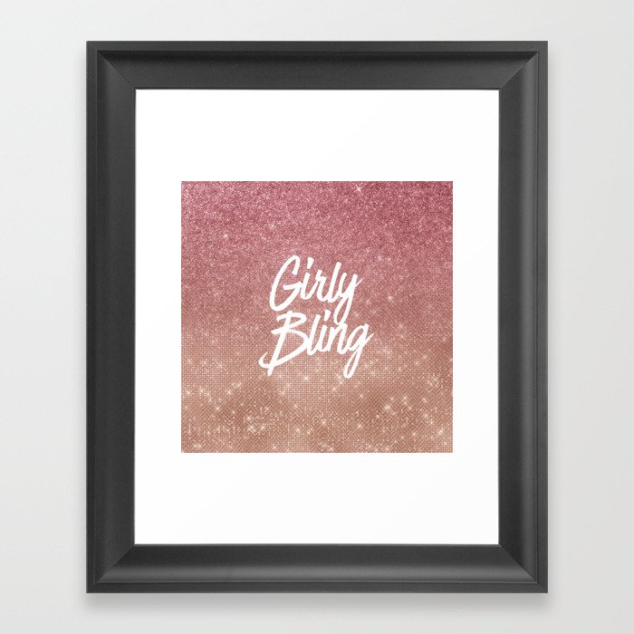 Girly Bling Typography Pink Gold Glitter Ombre Framed Art