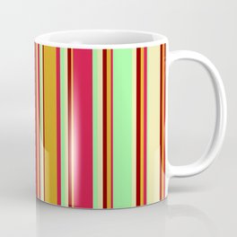 [ Thumbnail: Colorful Goldenrod, Maroon, Pale Goldenrod, Green, and Crimson Colored Lined Pattern Coffee Mug ]
