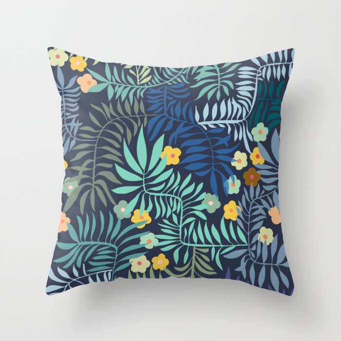 Blue Palm tree leaves Throw Pillow