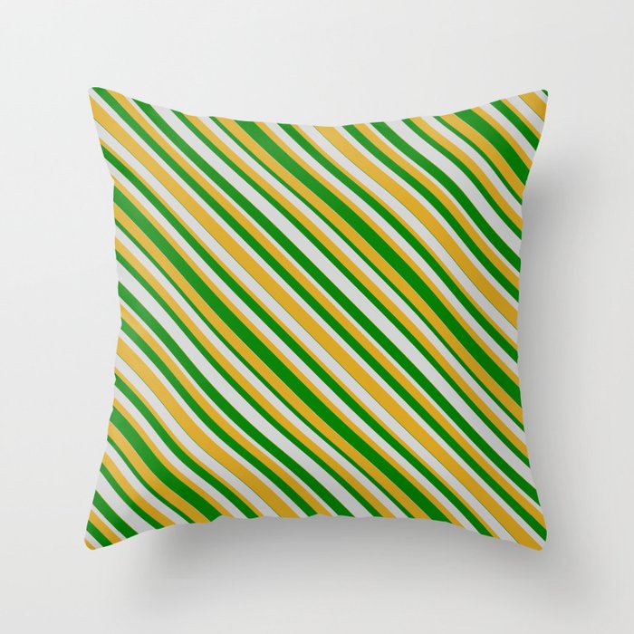 Green, Light Gray, and Goldenrod Colored Striped Pattern Throw Pillow