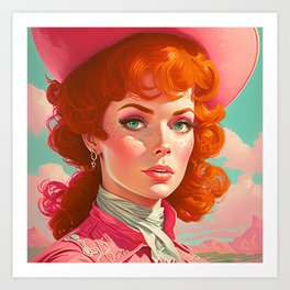 Vintage Pop Art Redhead Cowgirl in Montana Mountains Art Print