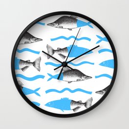 Hand Drawn Blue Fishes  Collage  on a White Background Wall Clock