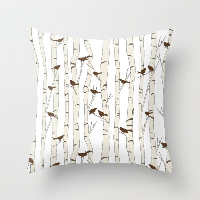 Birds & Birch - Mocha Beige Throw Pillow