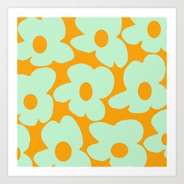 Large Mint Green Retro Flowers Orange Background #decor #society6 #buyart Art Print
