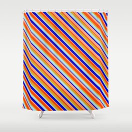 [ Thumbnail: Eye-catching Red, Goldenrod, Powder Blue, Blue, and Light Salmon Colored Lined/Striped Pattern Shower Curtain ]