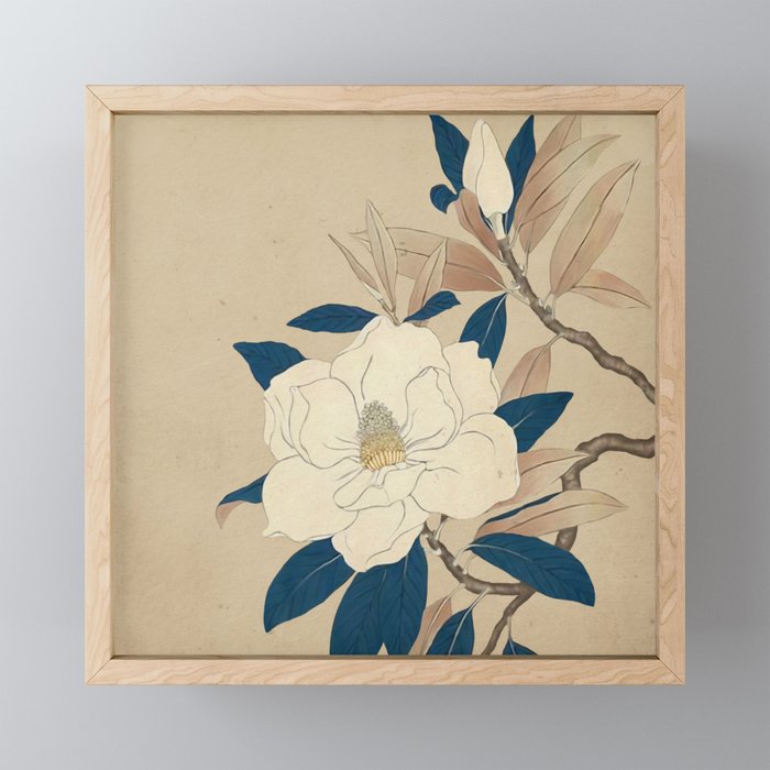 Magnolia - botanical illustration - vintage art - neutral colors - japanesse Framed Mini Art Print