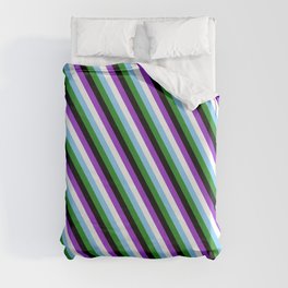 [ Thumbnail: Eye-catching Dark Orchid, White, Light Sky Blue, Forest Green, and Black Colored Stripes Pattern Duvet Cover ]