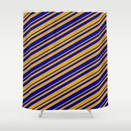 [ Thumbnail: Goldenrod & Dark Blue Colored Lined/Striped Pattern Shower Curtain ]