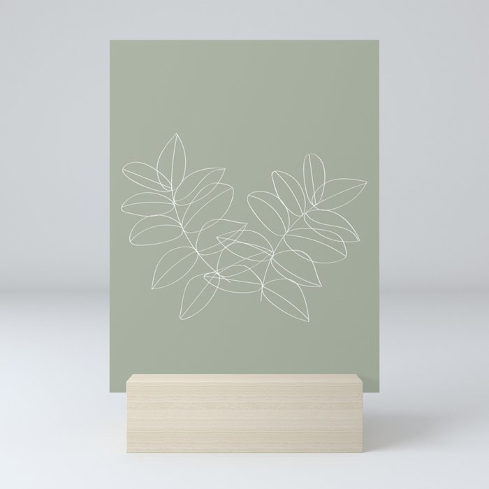 Boho Sage Green, Decor, Line Art, Botanical Leaves Mini Art Print