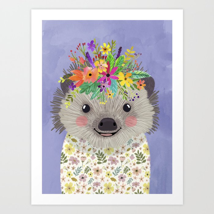 Hedgehog with floral crown Art Print