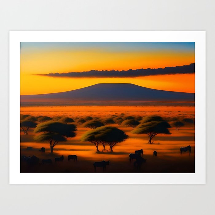 The golden hour, sunset on the plains of the African Serengeti landscape painting Art Print