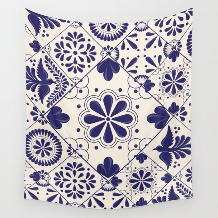 Blue Mexican Talavera Tiles Pattern Wall Tapestry