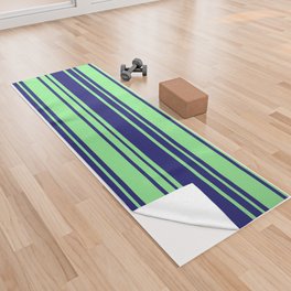 [ Thumbnail: Midnight Blue and Light Green Colored Striped/Lined Pattern Yoga Towel ]