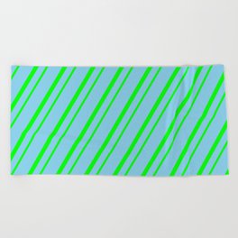[ Thumbnail: Sky Blue & Lime Colored Striped Pattern Beach Towel ]