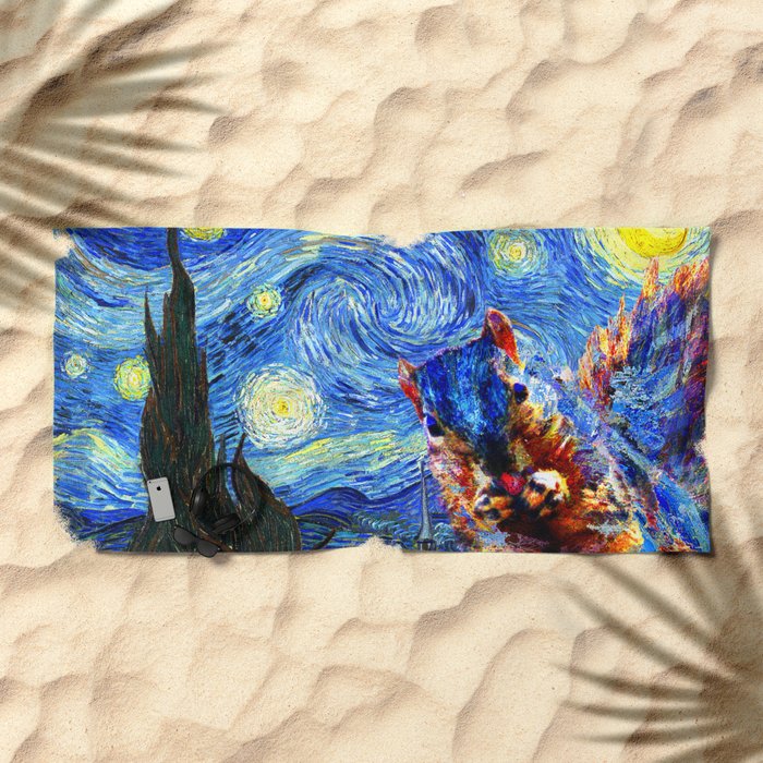 Starry Night Squirrel Photo Bomb Pop Art Beach Towel By Takumipark